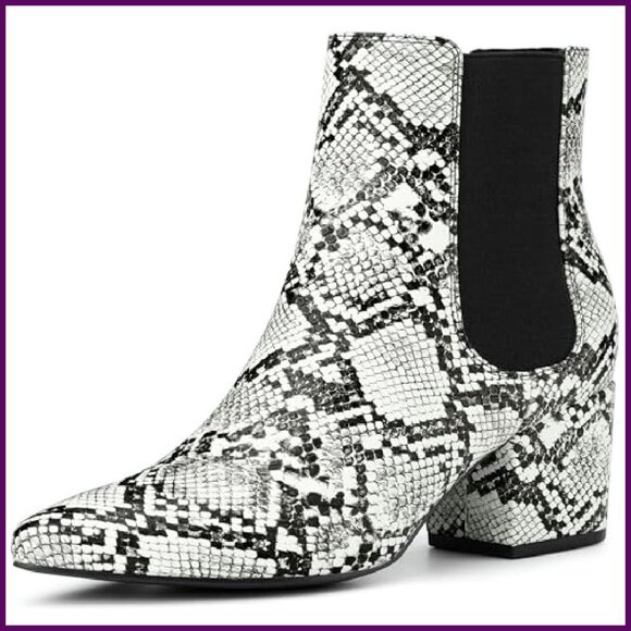 Snake Print Boots Pointed Toe Chunky Heel Ankle Booties Women's Shoes - Picture 2 of 8